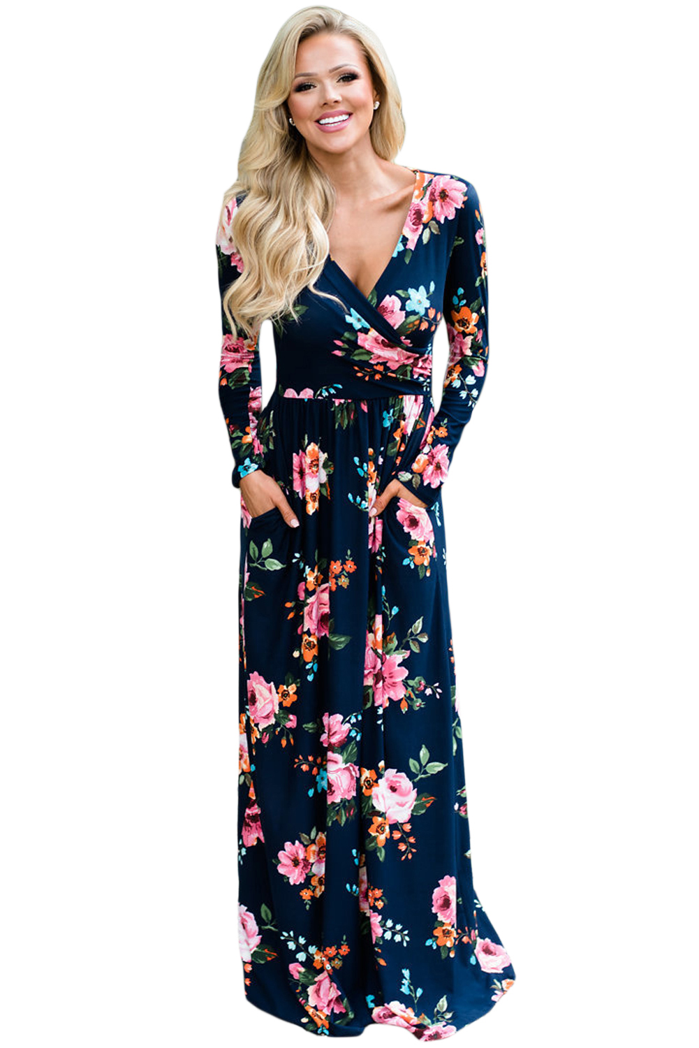 BY61772-5 Navy Floral Surplice Long Sleeve Maxi Boho Dress